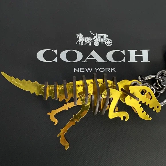 Coach Gold Metallic Rexy Dinosaur Puzzle Fob Small Bag Charm Keychain NWOT Leath - Picture 10 of 11